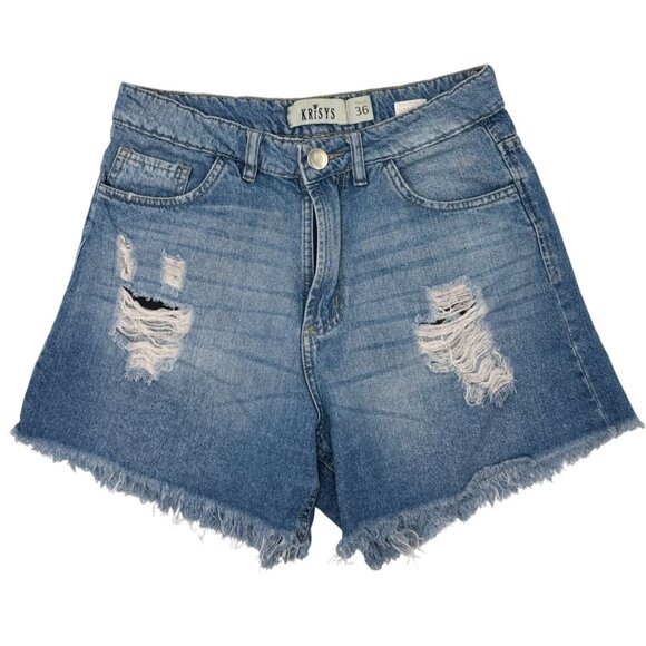 Krísy Bermuda Shorts Womens 36 Blue Distressed Denim High Rise Frayed Hem Resort - Picture 2 of 9